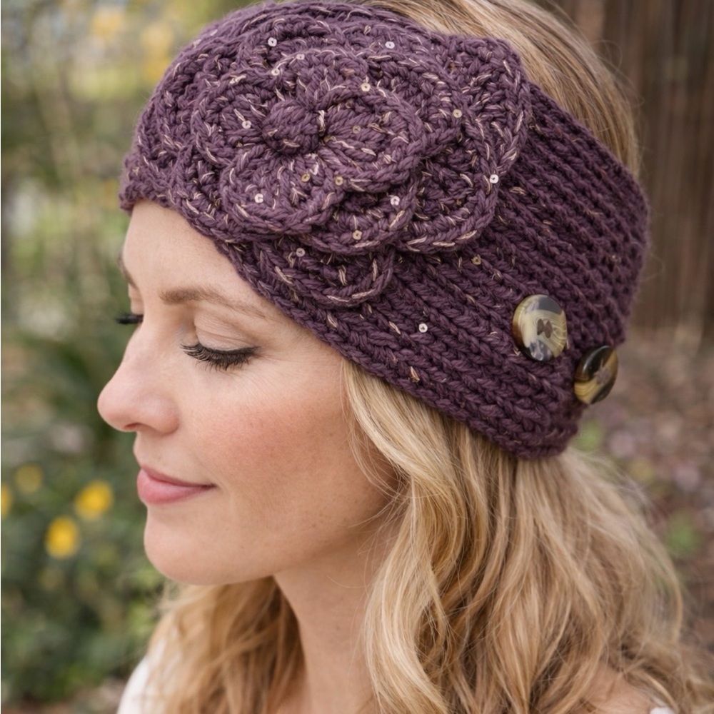 CC Hand Knit Chunky Purple Headband Neck Warmer Flower Adjustable NWT